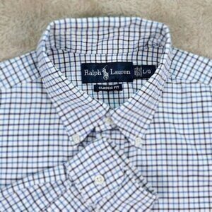 Ralph Lauren Dress Shirt Classic Fit Plaid Checkered Blue Pony Logo Mens Size L